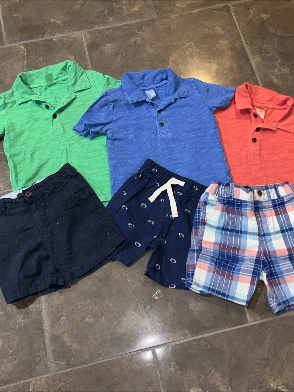 3 Polo Tees + 3 Shorts Set - Green, Blue, Red, Navy & Plaid